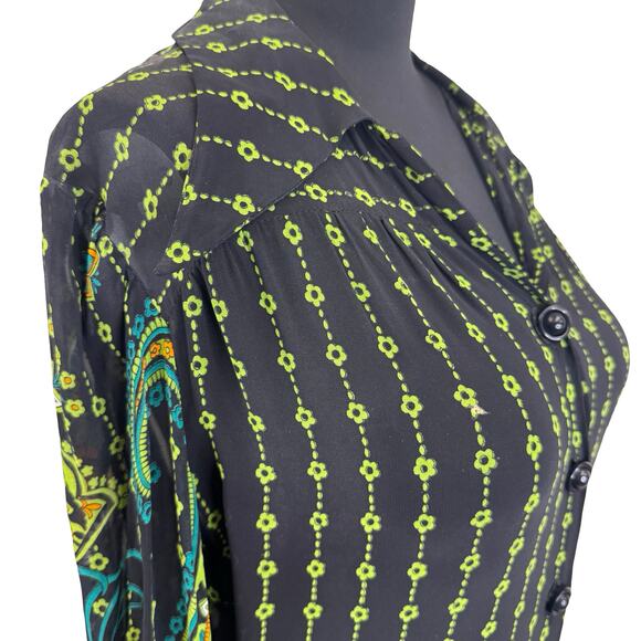 Vintage 70s Psychedelic Paisley Shirt Dress – Black, Green, Floral, M - Picture 14 of 16